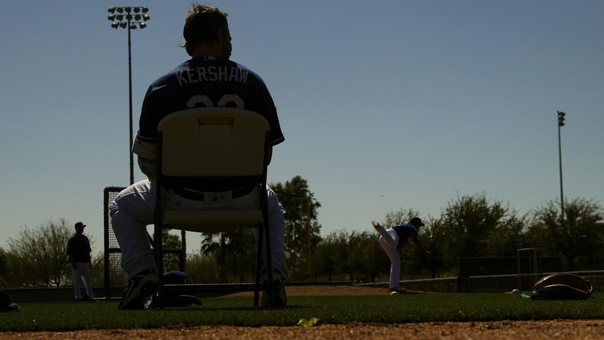 Dodgers left-hander Clayton Kershaw, seen here during spring training, hasn't made a start since June 26 because of a back injury.