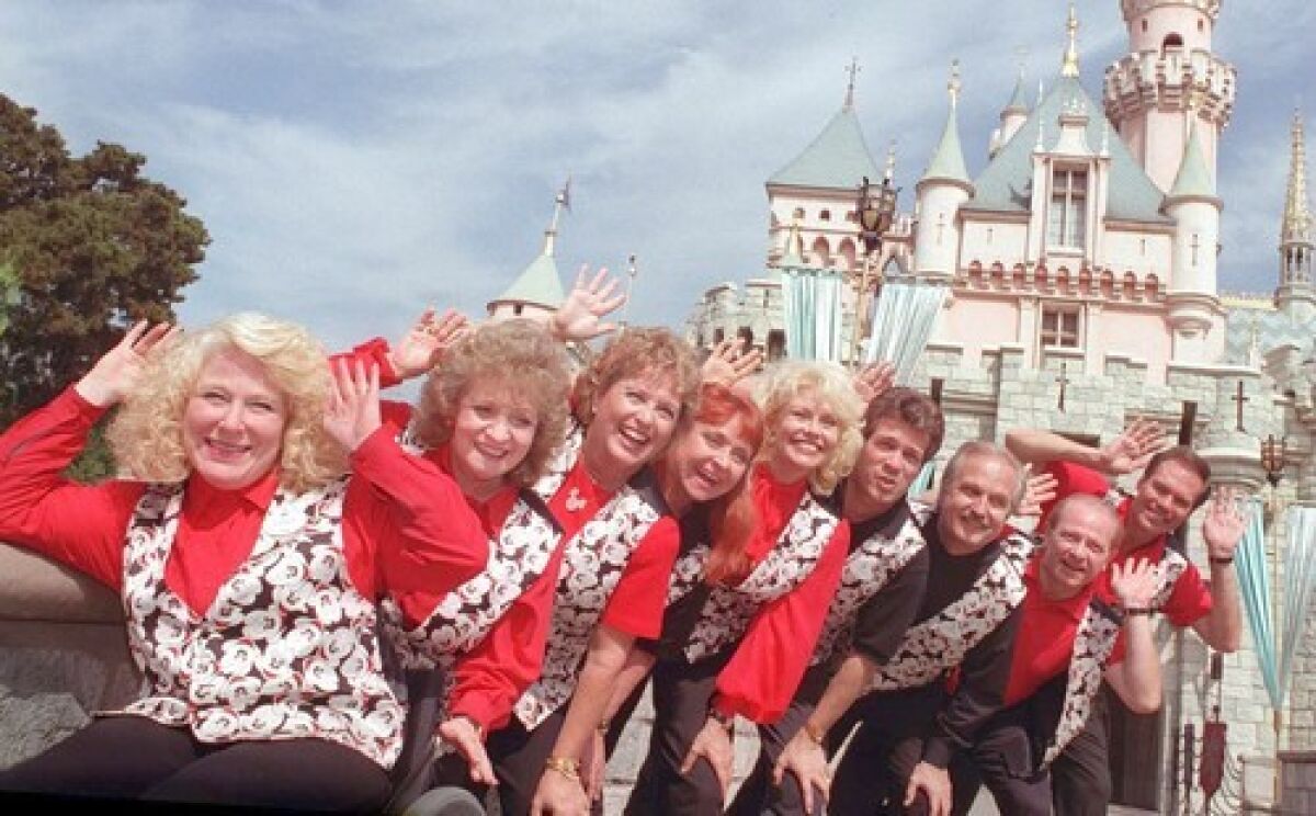 Some of the original Mouseketeers reunite at Disneyland in 1995 for the 40th anniversary of their show: Karen Pendleton, left, Sharon Baird, Sherry Alberoni, Doreen Tracey, Cheryl Holdridge, Don Grady, Tommy Cole, Lonnie Burr and Bobby Burgess.