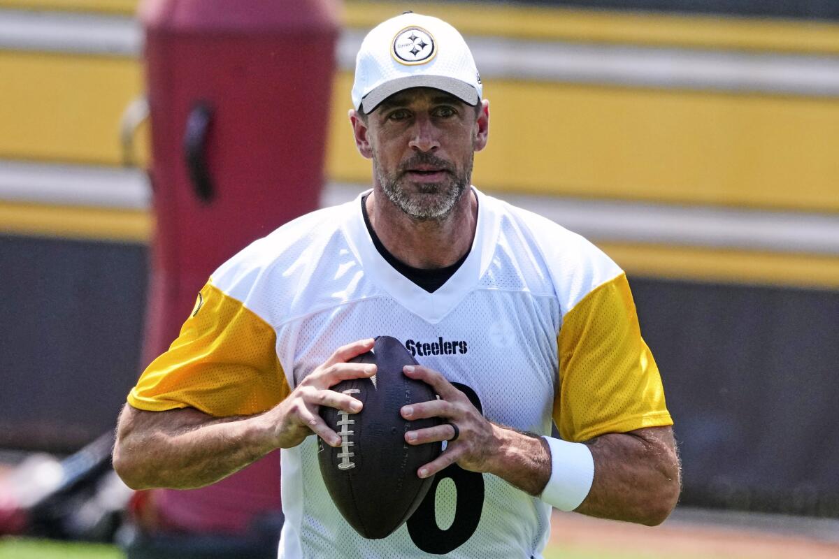Pittsburgh Steelers quarterback Aaron Rodgers participates during practice at NFL football minicamp