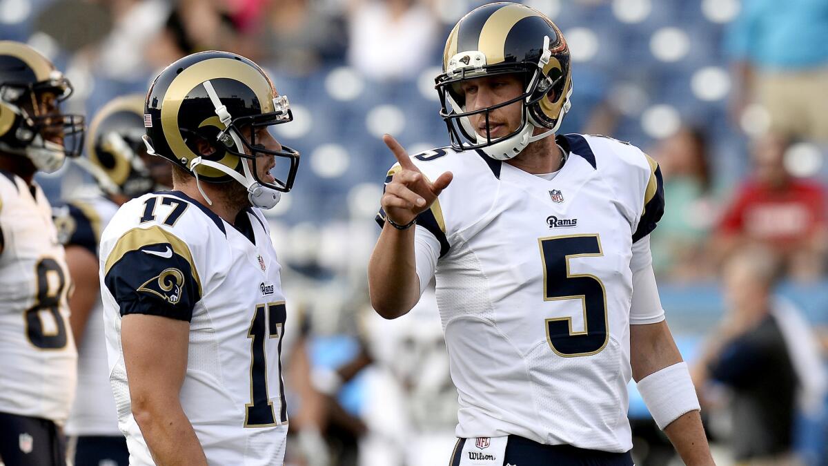 Nick Foles (5) and Case Keenum (17) were Rams teammates in St. Louis. On Sunday, they will play against each other with a Super Bowl appearance on the line.