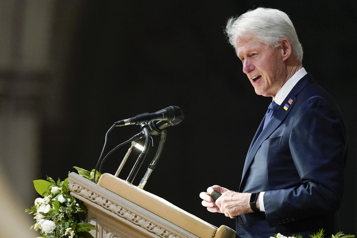 Former President Bill Clinton speaks during a funeral service for former Secretary of State Madeleine Albright at the Washington National Cathedral, Wednesday, April 27, 2022, in Washington. (AP Photo/Andrew Harnik)