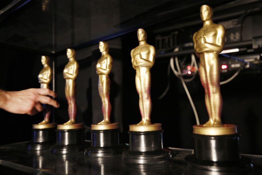 HOLLYWOOD, CA - FEBRUARY 6, 2020 Stand-in Oscar statues are used during rehearsal as the production team rehearses on stage in the Dolby Theatre for the 92nd Oscars show as preparations continue for the Academy Awards this Sunday, February 9, 2020. (Al Seib / Los Angeles Times)