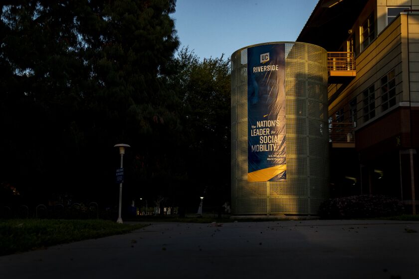 RIVERSIDE, CA - APRIL 7, 2021: The sign says UC Riverside is "The nation's leader in social mobility," but now the school is grappling with allegations of campus funding inequities on April 7, 2021 in Riverside, California. (Gina Ferazzi / Los Angeles Times)