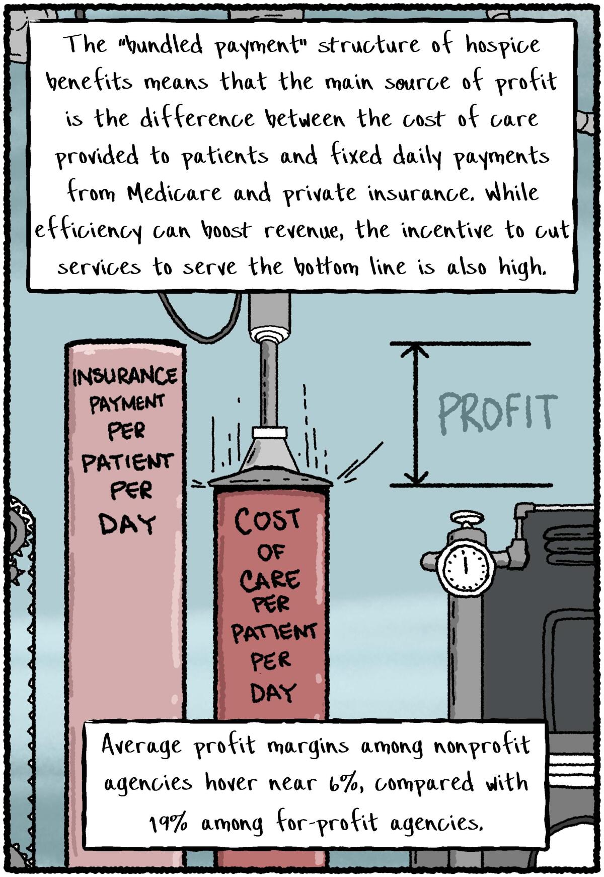 The main source of profit is the difference between cost of care and fixed daily insurance payments.