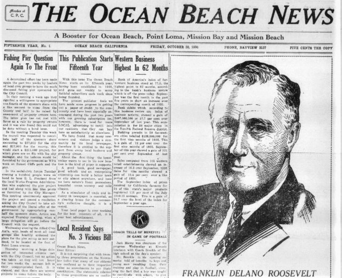 The Ocean Beach News discussed a proposal for a public fishing pier and supported FDR in 1936.