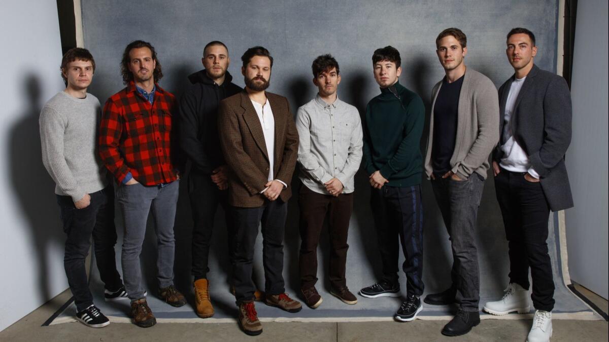 Actor Actor Evan Peters, subject Warren Lipka, actor Jared Abrahamson, subject Eric Borsuk, subject Spencer Reinhard, actor Barry Keoghan, actor Blake Jenner and subject Chas Allen, from the film "American Animals."