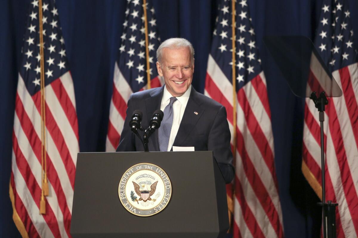 Vice President Joe Biden gestures while speaking to members of the House Democratic Caucus in Philadelphia on Jan. 30.