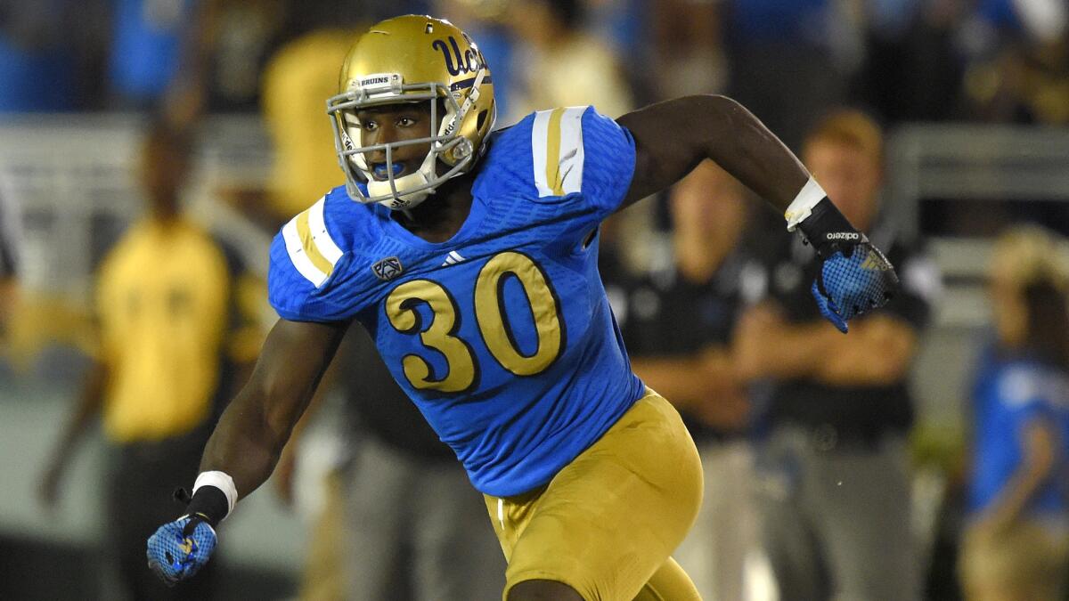 UCLA linebacker Myles Jack played on defense almost exclusively during the Bruins' 42-35 win over Memphis on Sept. 7. UCLA Coach Jim Mora says he'd like to expand Jack's role at running back.