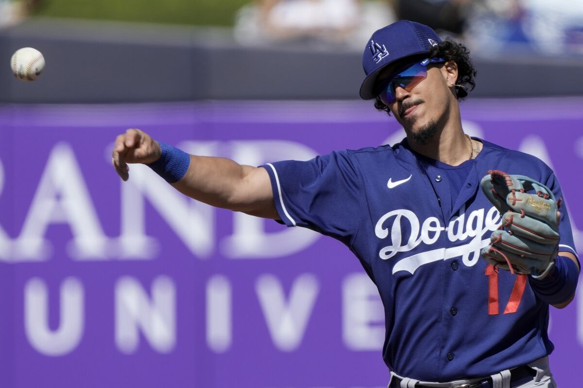 Los Angeles Dodgers' Miguel Vargas during a spring training baseball game against the Milwaukee Brewers.