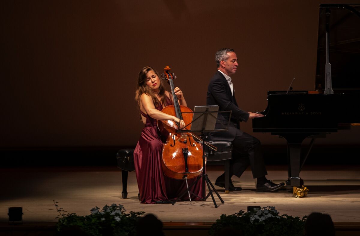 World-renowned cellist Alisa Weilerstein performs with SummerFest music director Inon Barnatan at the grand finale of the La Jolla Music Society's gala in 2019. Both had been scheduled to perform at this year's SummerFest before the society announced it was postponing the event due to the coronavirus pandemic. 