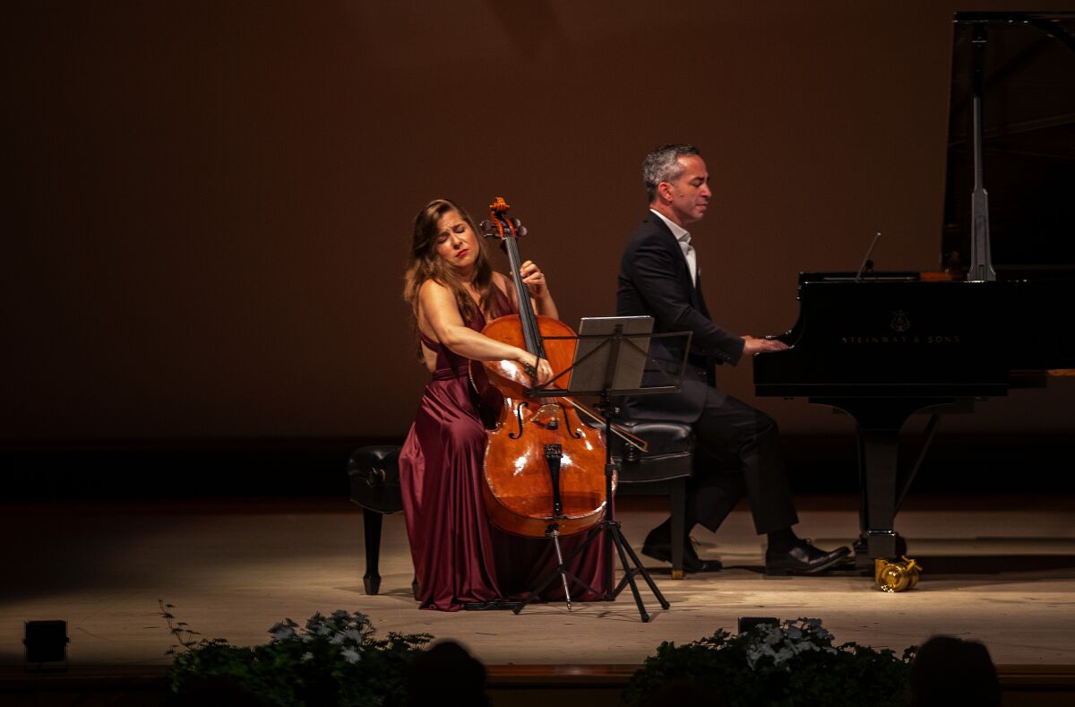 World-renowned cellist Alisa Weilerstein performs with SummerFest music director Inon Barnatan at the grand finale of the La Jolla Music Society's gala in 2019. Both had been scheduled to perform at the 2020 SummerFest before the society announced it was postponing the event due to the coronavirus pandemic.