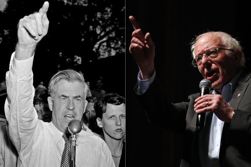 Left: Henry A. Wallace, the Progressive Party's presidential candidate, delivers a vigorous speech in front of the courthouse in Charlotte, N.C., during a campaign stop, Aug. 31, 1948. Right: Democratic presidential candidate Sen. Bernie Sanders, I-Vt., speaks during a rally at the Ames City Auditorium in Ames, Iowa., Jan. 25, 2020. (Both images Associated Press)