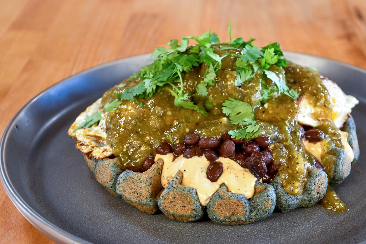 Blue corn waffles at Hidden Kitchen, Cayucos.