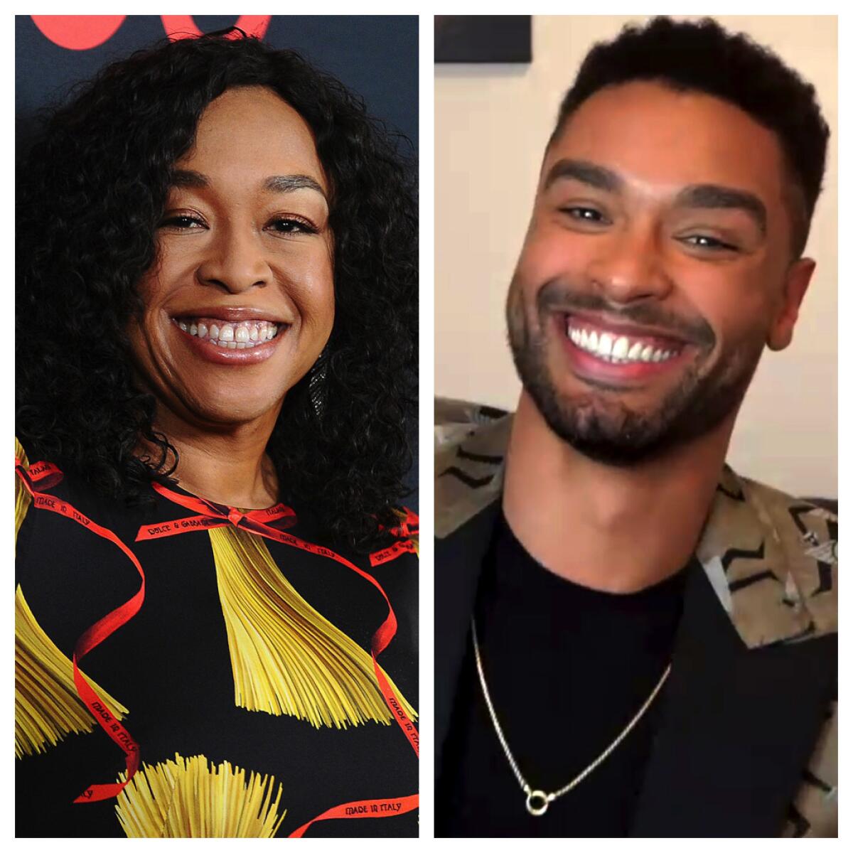 Headshots of producer Shonda Rhimes, left, and actor Regé-Jean Page