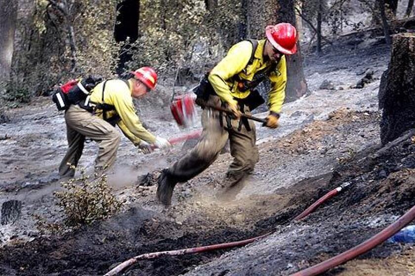 Crews from Oregon working on the Poomacha in north San Diego county fire sift through the ash with their shovels looking for hot spots on Palomar Mountain.
