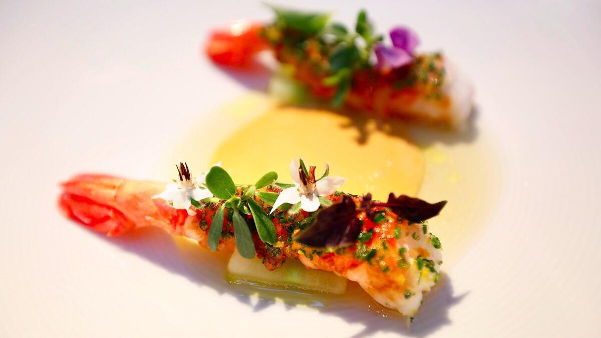 Santa Barbara spot prawns with crème d'oursins, cucumber and citrus chive butter at Melisse restaurant in Santa Monica.