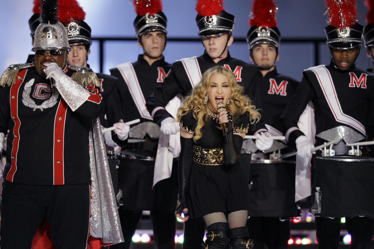 In less than 10 minutes, America watched marching warriors pulling a massive chariot; faux trumpeters announcing the arrival of Madonna; LMFAO, Nicki Minaj, M.I.A. and Cee Lo Green make cameos; several drum lines. Touchdown! Madonna kept 114 million viewers glued to their seats.
