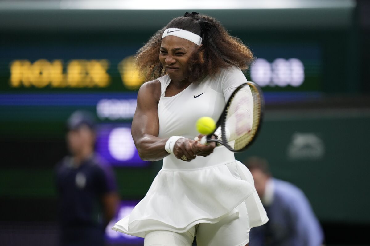 Serena Williams plays a return during a match against Aliaksandra Sasnovich at Wimbledon in June.