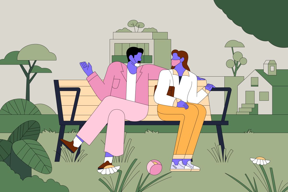 An illustration of two people on a park bench: His mask is around his chin. She's wearing hers properly and turning away.