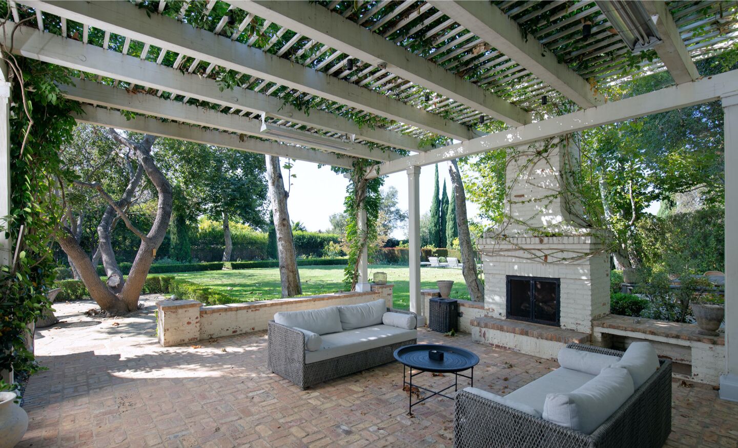 The outdoor fireplace.