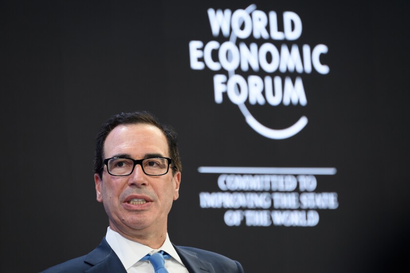Treasury Secretary Steven T. Mnuchin attends a session during the World Economic Forum annual meeting in Davos, Switzerland, on Tuesday.