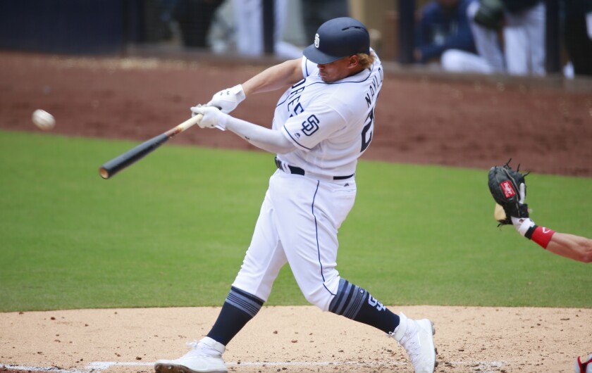 Padres rookie Josh Naylor hits a home run against the Phillies on Sunday.