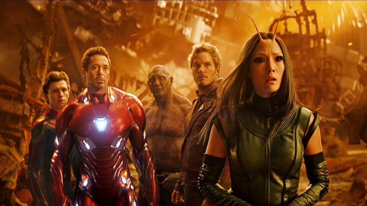 Spider-Man (Tom Holland), Iron Man (Robert Downey Jr.), Drax (Dave Bautista), Star-Lord (Chris Pratt) and Mantis (Pom Klementieff) in "Avengers: Infinity War" 