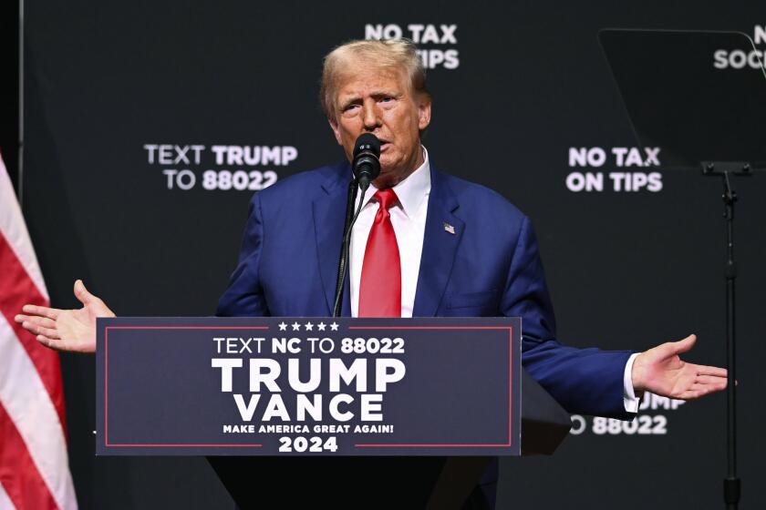 Republican presidential nominee former President Donald Trump speaks at a campaign rally Wednesday, Aug. 14, 2024, in Asheville, N.C. (AP Photo/Matt Kelley)