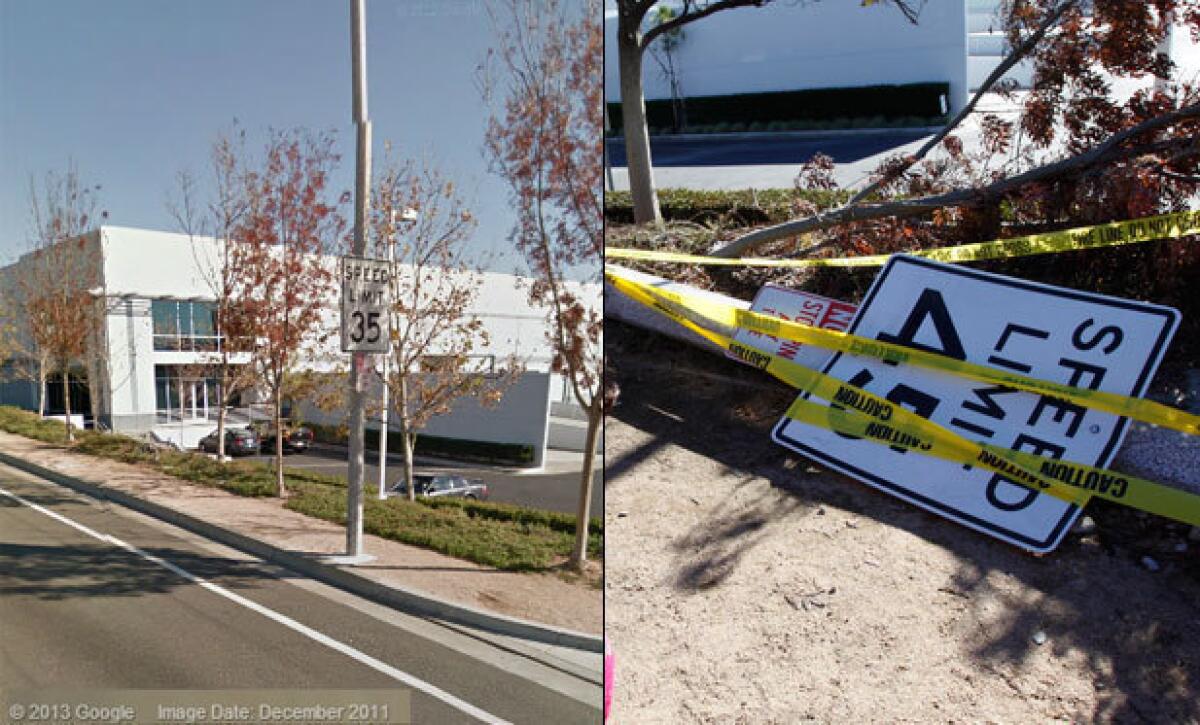 At left, a speed limit sign posted at 25601 Hercules St., as shown in a Google Maps photo taken in December 2011. At right, a speed limit sign as seen at the site of the crash in the same area.