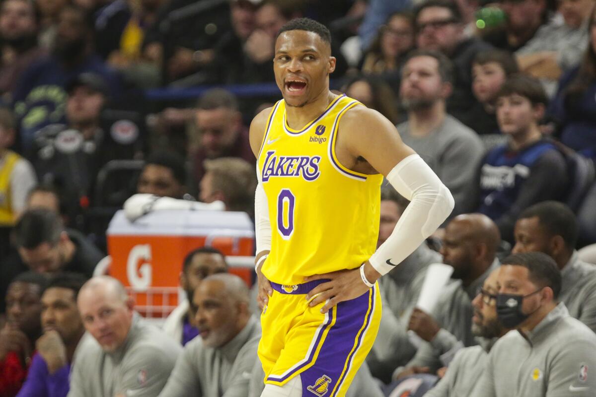 Lakers guard Russell Westbrook yells during a game against the Timberwolves.