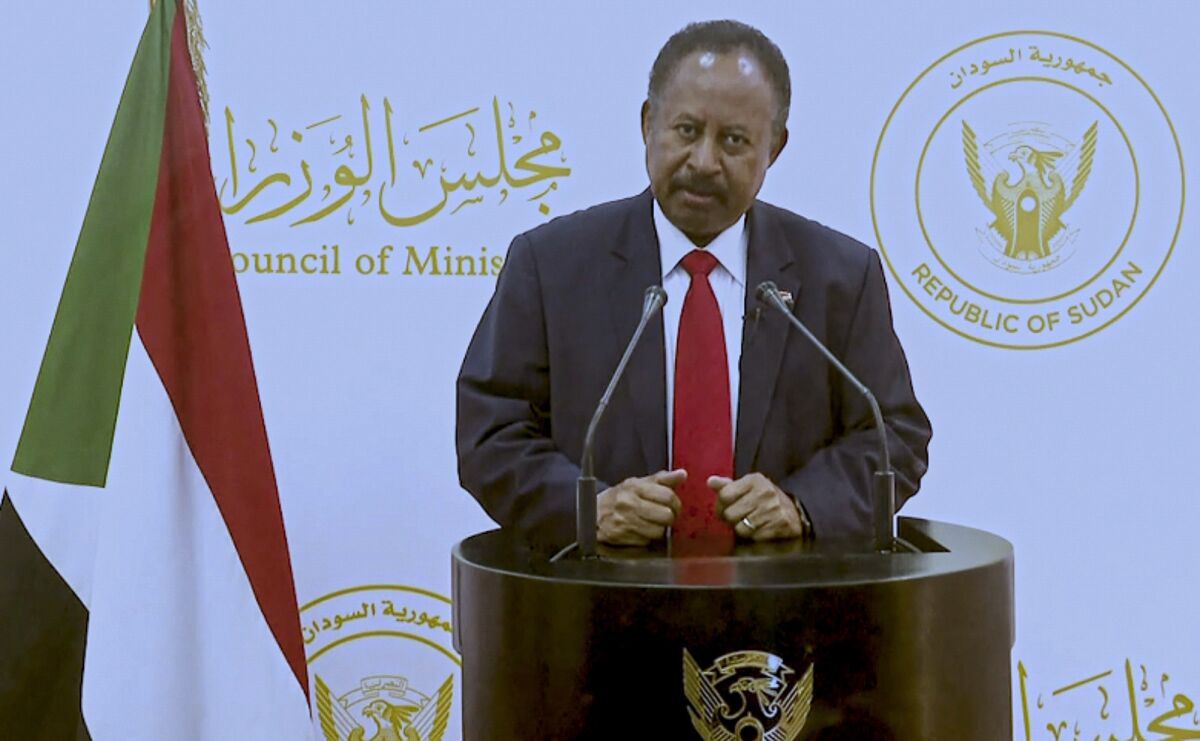In this photo taken from video, Abdalla Adam Hamdok, Prime Minister of the Sudan, remotely addresses the 76th session of the United Nations General Assembly in a pre-recorded message, Saturday Sept. 25, 2021 at UN headquarters. (UN Web TV via AP)