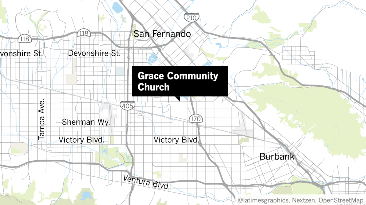 Map shows the location of of Grace Community Church in the Sun Valley neighborhood of Los Angeles.