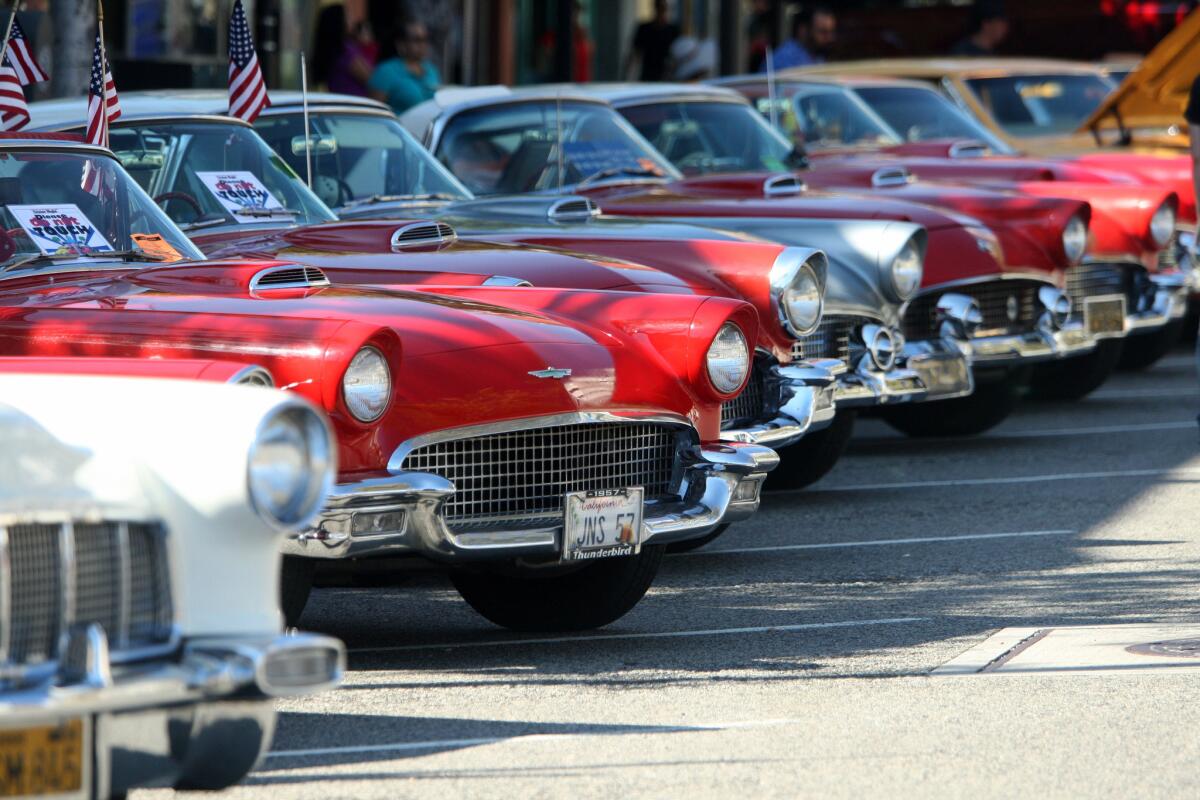 A row of classic Ford Thunderbirds were displayed at the annual Glendale Cruise Night on Brand Blvd. in Glendale on Saturday, Aug. 29, 2015.