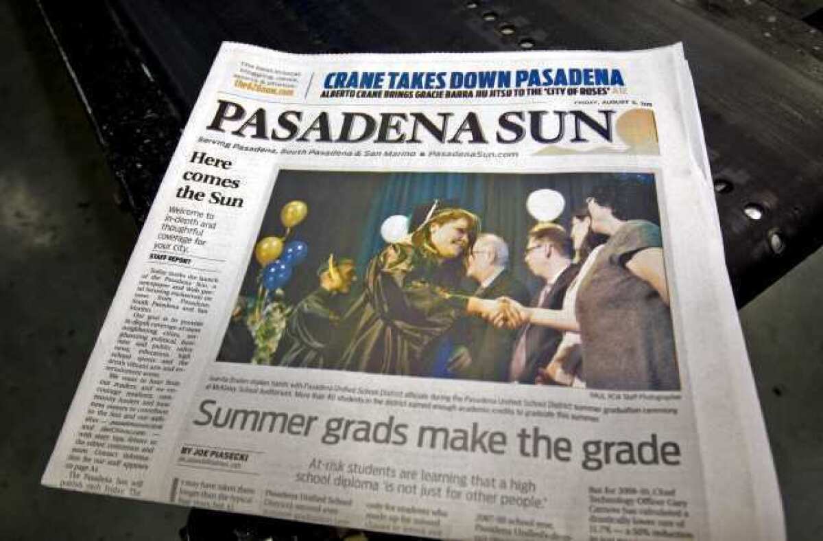 The Pasadena Sun, along with its sister papers, the Glendale News-Press, Burbank Leader and La Canada Valley Sun, took away 16 California Newspaper Publishers Assn. awards Saturday. Above, the first edition of the Sun.
