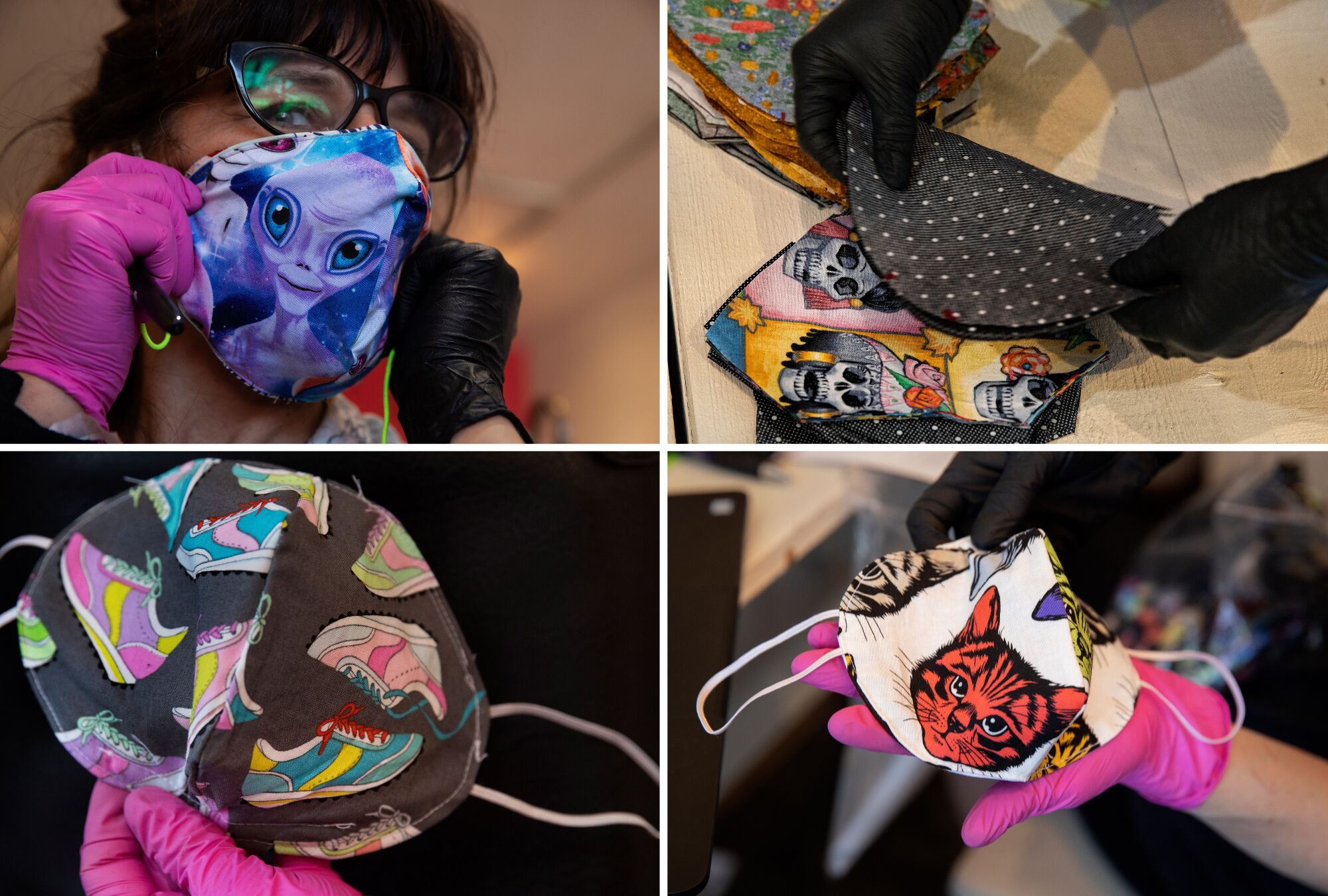 Laura Howe's masks are made from leftover and donated fabric. The tennis shoe fabric was donated by Alexander Henry Fabrics in Burbank.