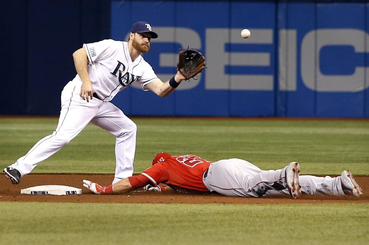 Mike Trout gets his 11th stolen base of the season, in front of Tampa Bay's Logan Forsythe.
