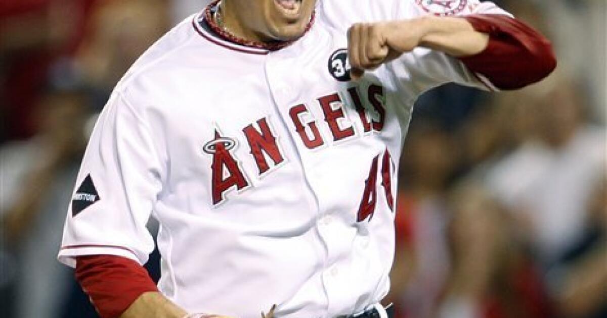 Photo: Los Angeles Angels of Anaheim Hideki Matsui reacts after