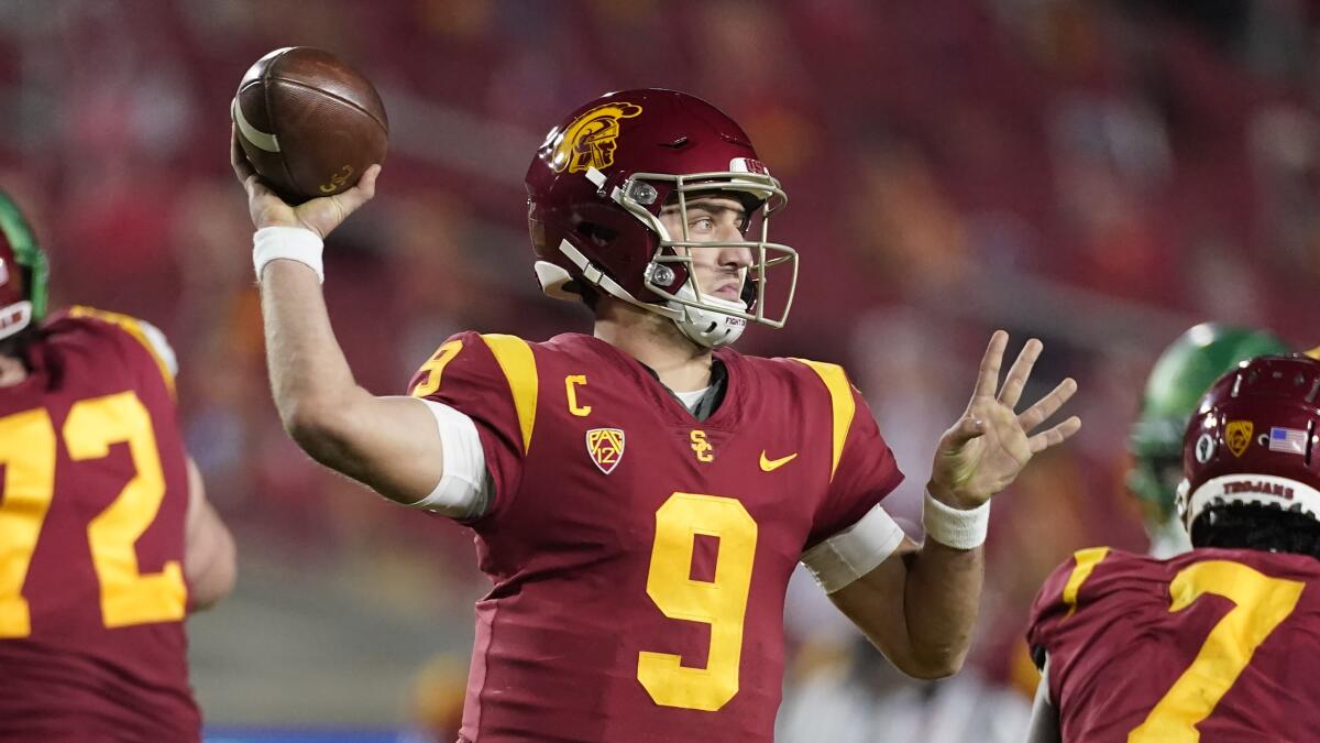USC quarterback Kedon Slovis throws a pass against Oregon during the Pac-12 title game in December.