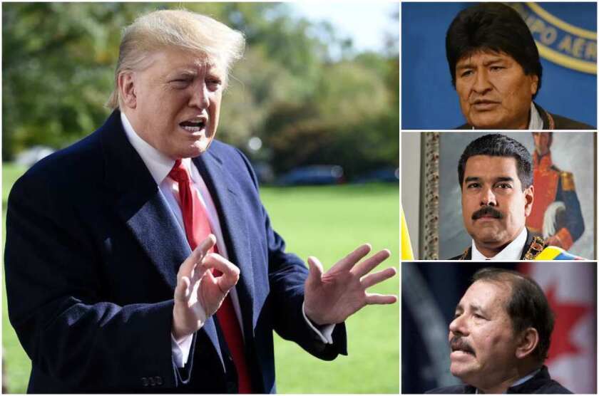 Donald Trump, presidente de Estados Unidos; en los recuadros, Evo Morales, ex mandatario de Bolivia y los mandatarios Nicolás Maduro (Venezuela) y Daniel Ortega (Nicaragua).