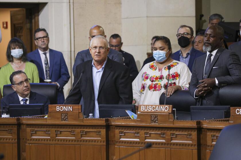 Los Angeles, CA - October 11: Councilman Mike Bonin addresses general public at city council meeting. City Hall on Tuesday, Oct. 11, 2022 in Los Angeles, CA. (Irfan Khan / Los Angeles Times)