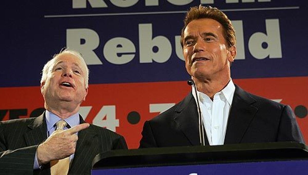 Sen. John McCain supported Arnold Schwarzenegger in 2005, during the governor's special-election campaign. Schwarzenegger is expected to endorse McCain's bid for the presidency.