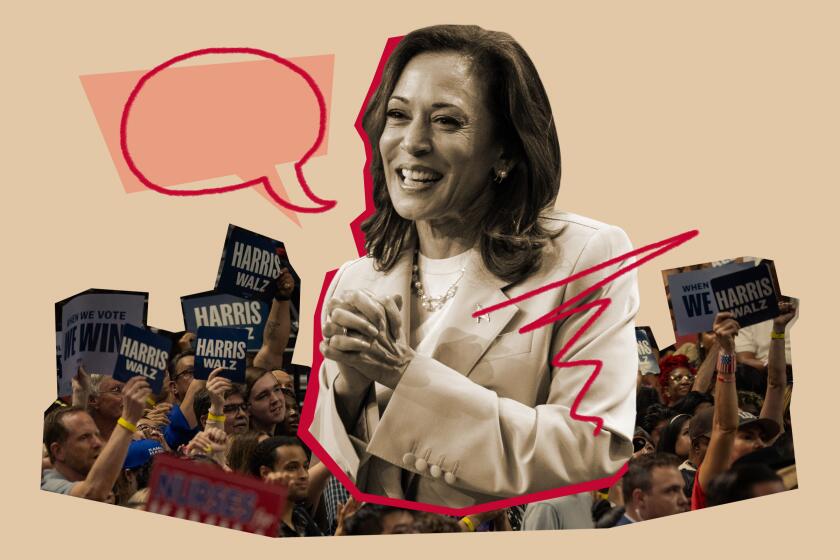 collage of a smiling Kamala Harris with an illustrated speech bubble and a crowd of supporters