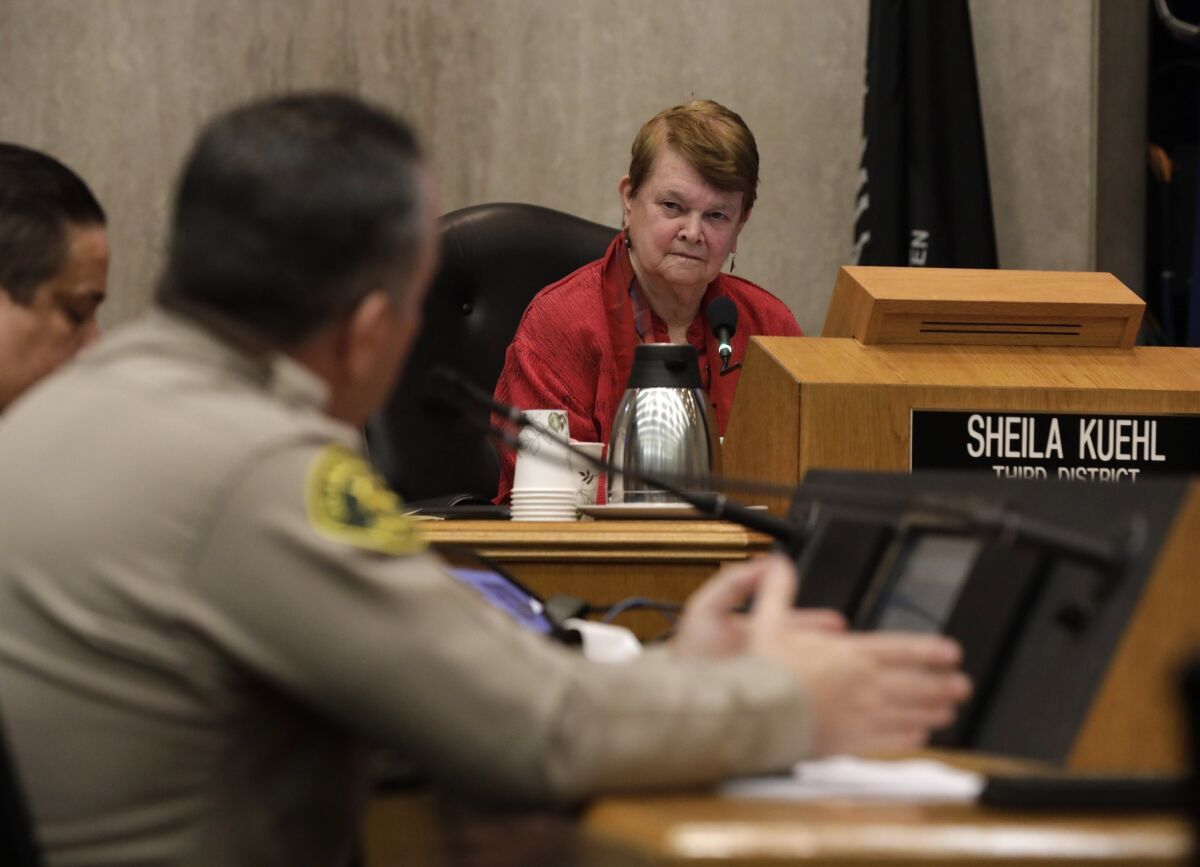 L.A. County Supervisor Sheila Kuehl questions Sheriff Alex Villaneuva at an Aug 14, 2019, hearing.