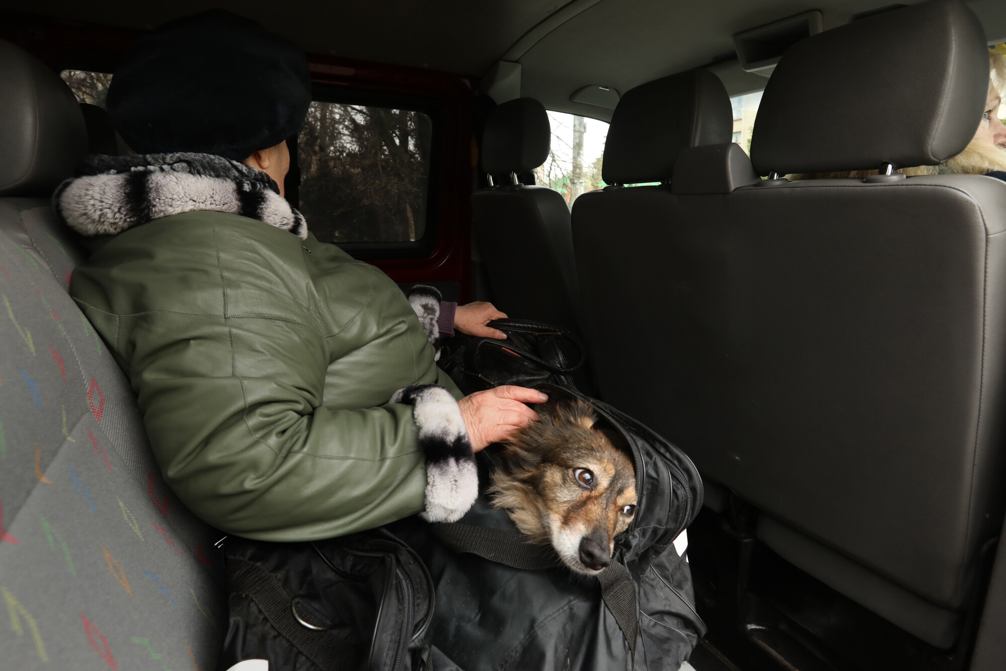 A woman leaves Slavyansk with her dog in a bag.