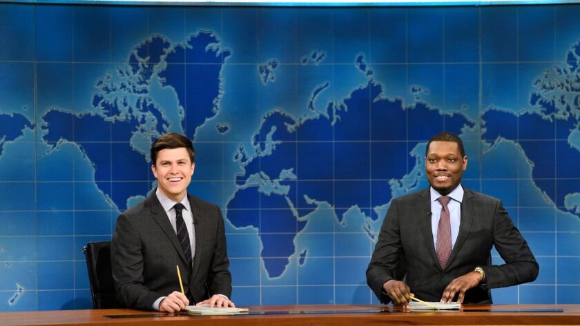 Colin Jost, left, and Michael Che are the "Weekend Update" anchors on "Saturday Night Live."