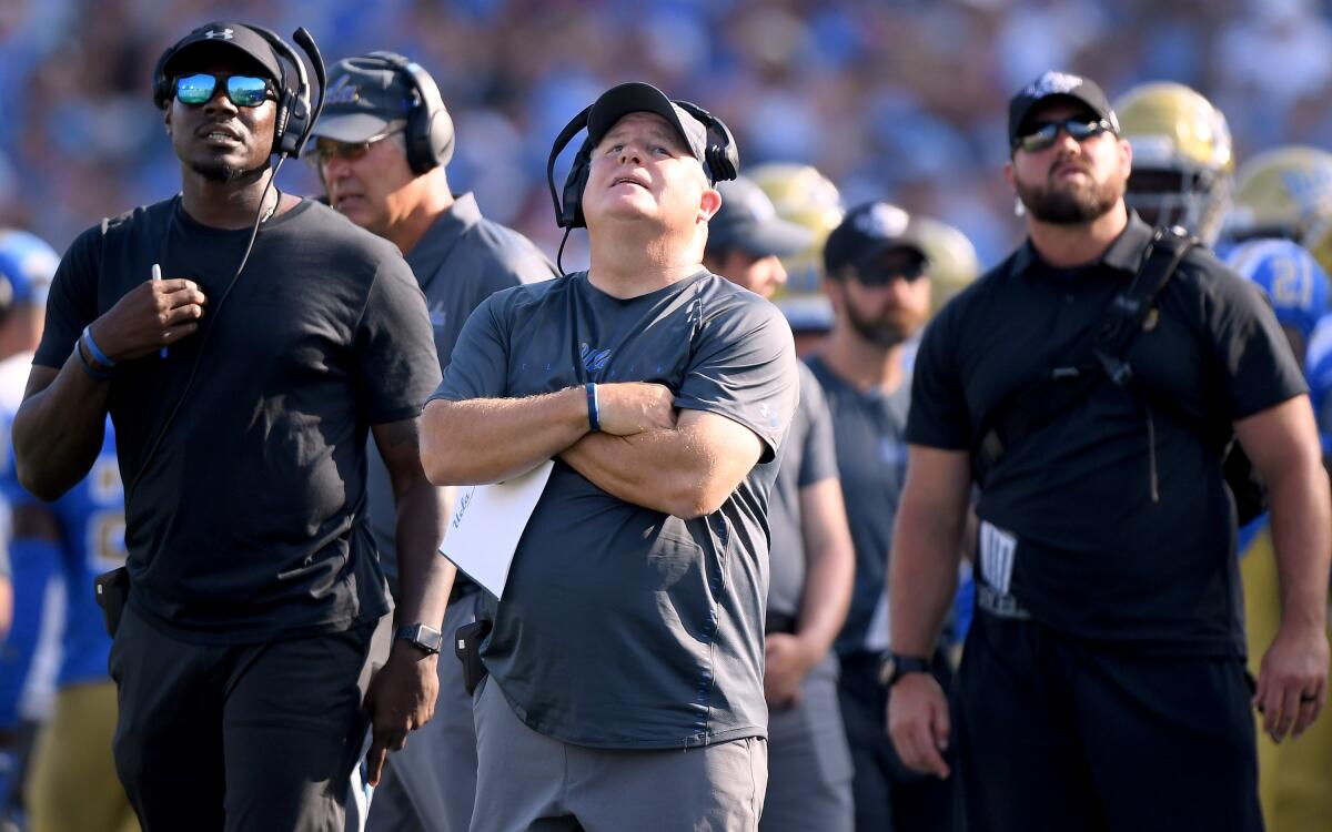 UCLA coach Chip Kelly reacts during a game against Cincinnati in September 2018.