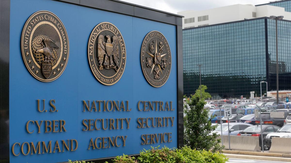The sign outside the National Security Agency (NSA) campus in Fort Meade, Md. on June 6, 2013.