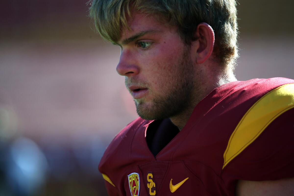 USC long snapper Jake Olson stands on the sideline before the Trojans' game against Stanford on Sept. 19.