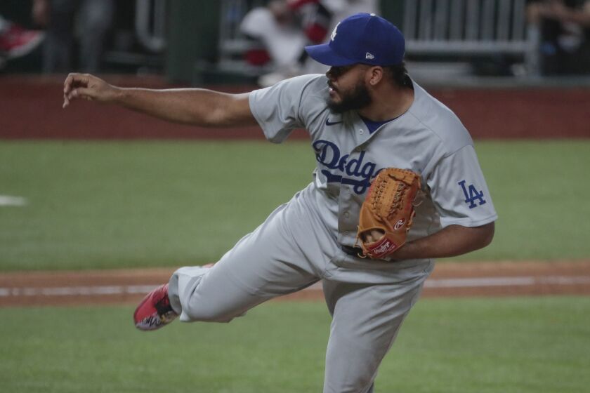 Dodgers reliever Kenley Jansen pitches the sixth inning of Game 3 of the NLCS at Globe Life Field.
