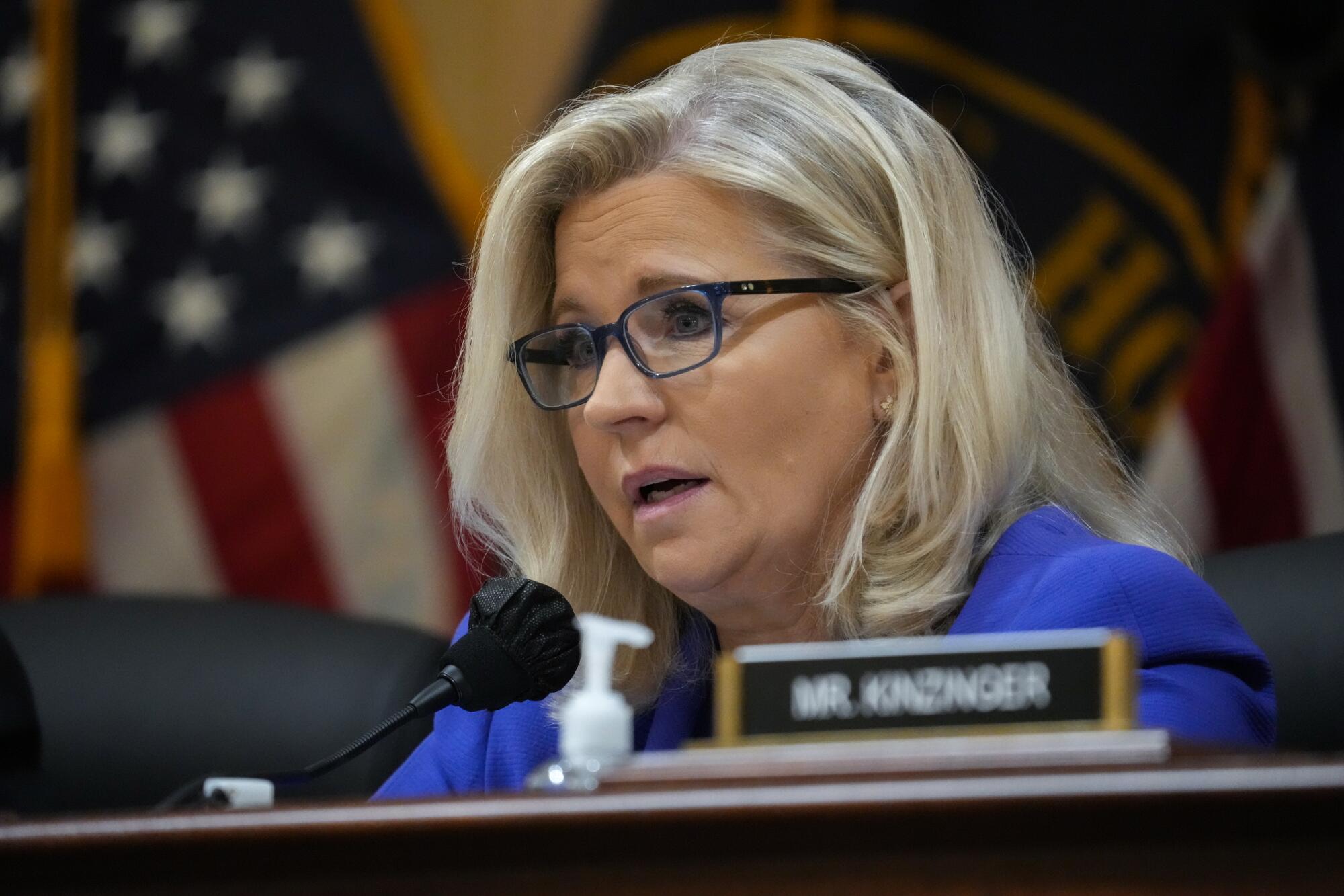 Rep. Liz Cheney speaking into a microphone while seated